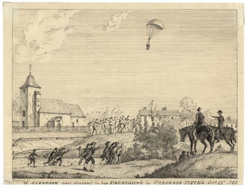 M. Garnerin first descent in his parachute in Pancrass Field's Sept. 23d 1802. [sic - Pancras' Fields]
