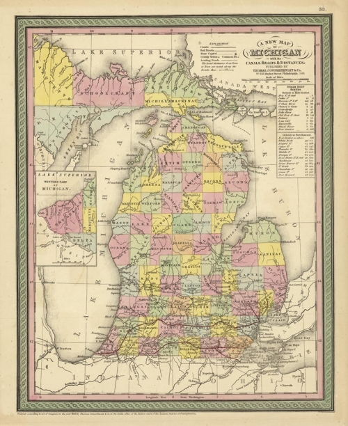 New Map of Michigan with its Canals, Roads & Distances. A,