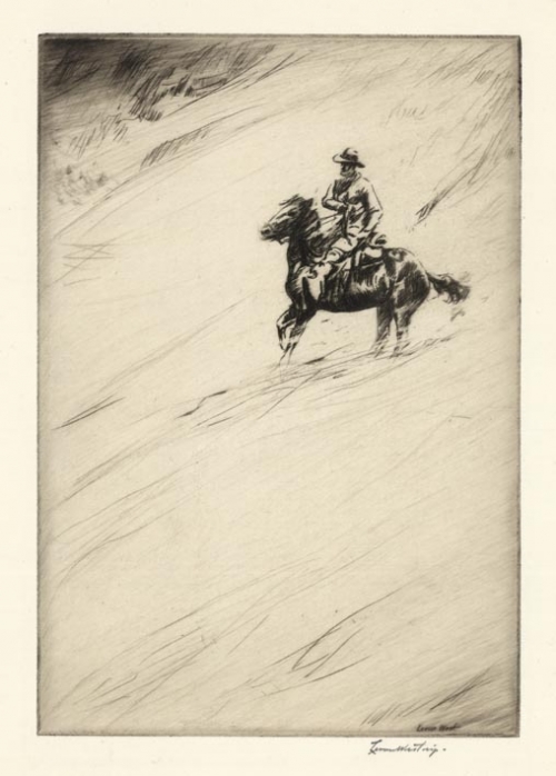 Cowboy on a horse in the snow (untitled).