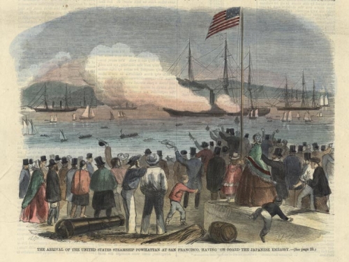 Arrival of the United States Steamship Powhattan [sic] at San Francisco, having on Board the Japanese Embassy.