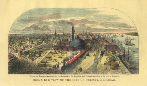 Bird's Eye view of the city of Detroit, Michigan.