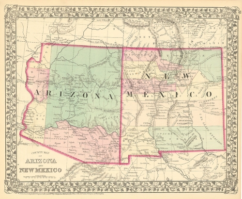 County Map of Arizona and New Mexico.