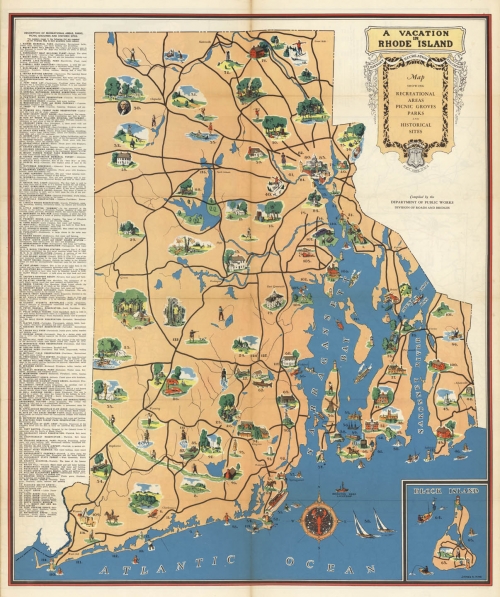 A Vacation in Rhode Island. Map showing Recreational Areas Picnic Groves Parks and Historical Sites.
