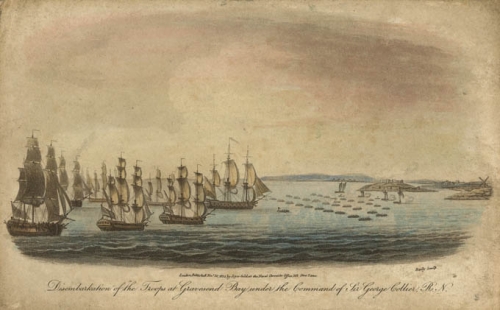 Disembarkation of the Troops at Gravesend Bay under the Command of Sir George Collier, R.N.