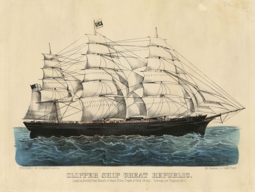 Clipper Ship Great Republic.  Length on deck 325 feet.  Breadth of beam 53 feet. Depth of hold 39 feet.  Tonnage per register 4500.