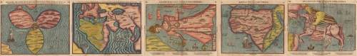 Set of five maps. Insignia Inclytae Reipublicae Hannoverensis. (and) Cosmographia Universalis . (and) Africa Tertia pars Terrae Septentrio. (and) Europa Prima pars Terrae fFrma Virginis. (and) Asia Seconda pars Terrae in Forma Pegasi.